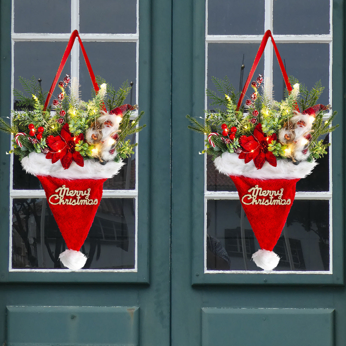 Illuminated Santa Hat Door Hanger with Holiday Greenery & Berries - Christmas Wall Decor(red) 4