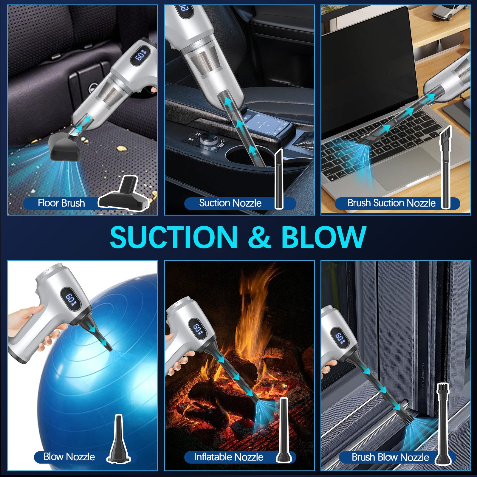 2-in-1 Cordless Handheld Vacuum & Air Duster - 12000Pa Suction, 70000 RPM, LED Light, USB-C Rechargeable(Silver) 5
