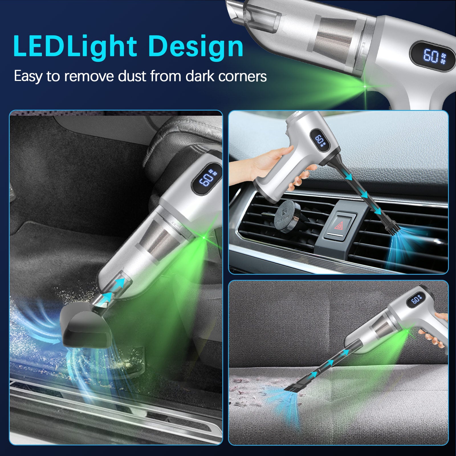 2-in-1 Cordless Handheld Vacuum & Air Duster - 12000Pa Suction, 70000 RPM, LED Light, USB-C Rechargeable(Silver) 6