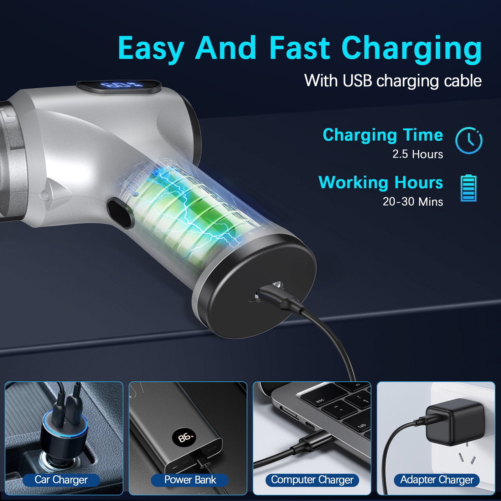 2-in-1 Cordless Handheld Vacuum & Air Duster - 12000Pa Suction, 70000 RPM, LED Light, USB-C Rechargeable(Silver) 7