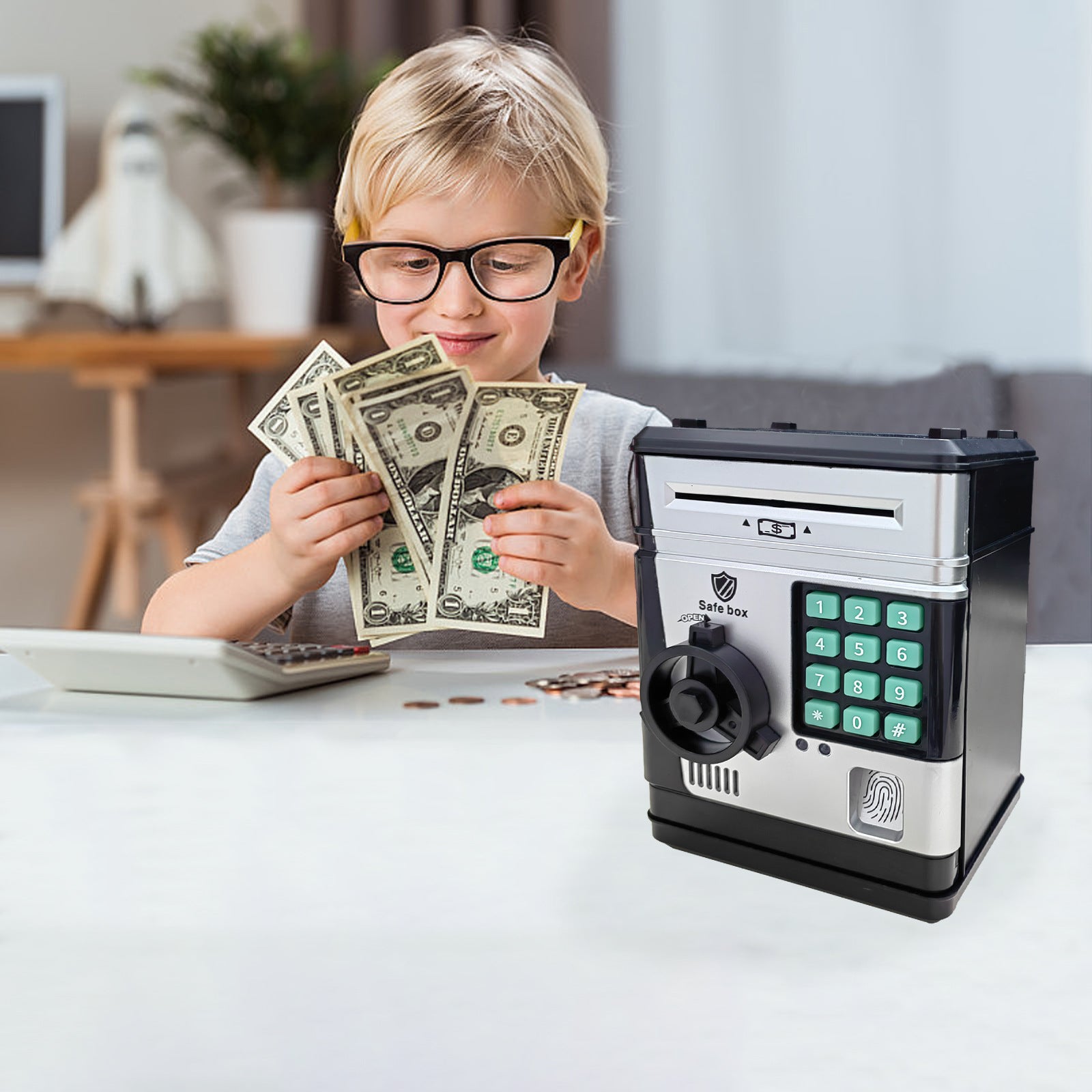 Electronic Piggy Bank Safe Box for Kids - Automatic Bill & Coin Bank with Password Protection, Music & Lights(black) 3