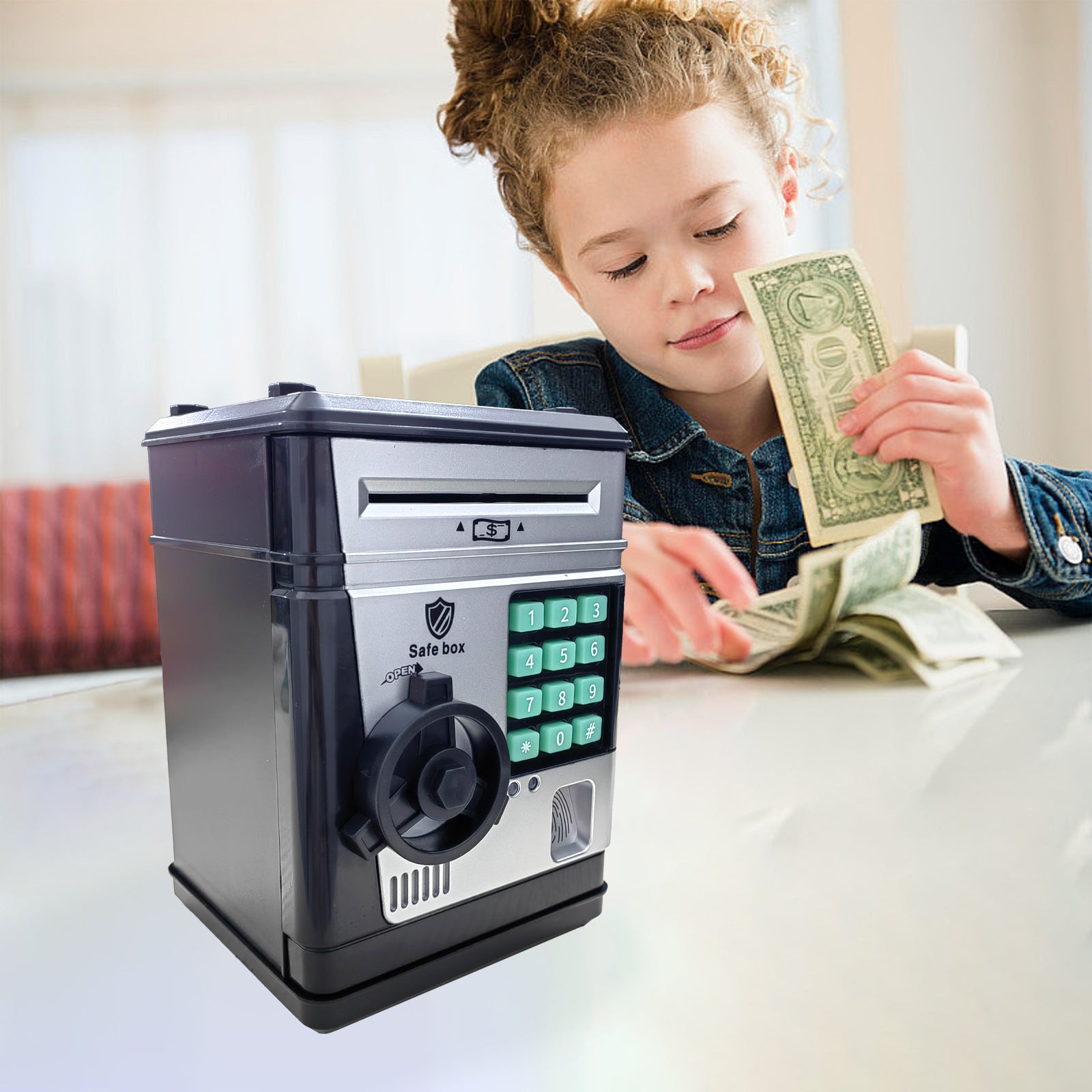 Electronic Piggy Bank Safe Box for Kids - Automatic Bill & Coin Bank with Password Protection, Music & Lights(black) 4