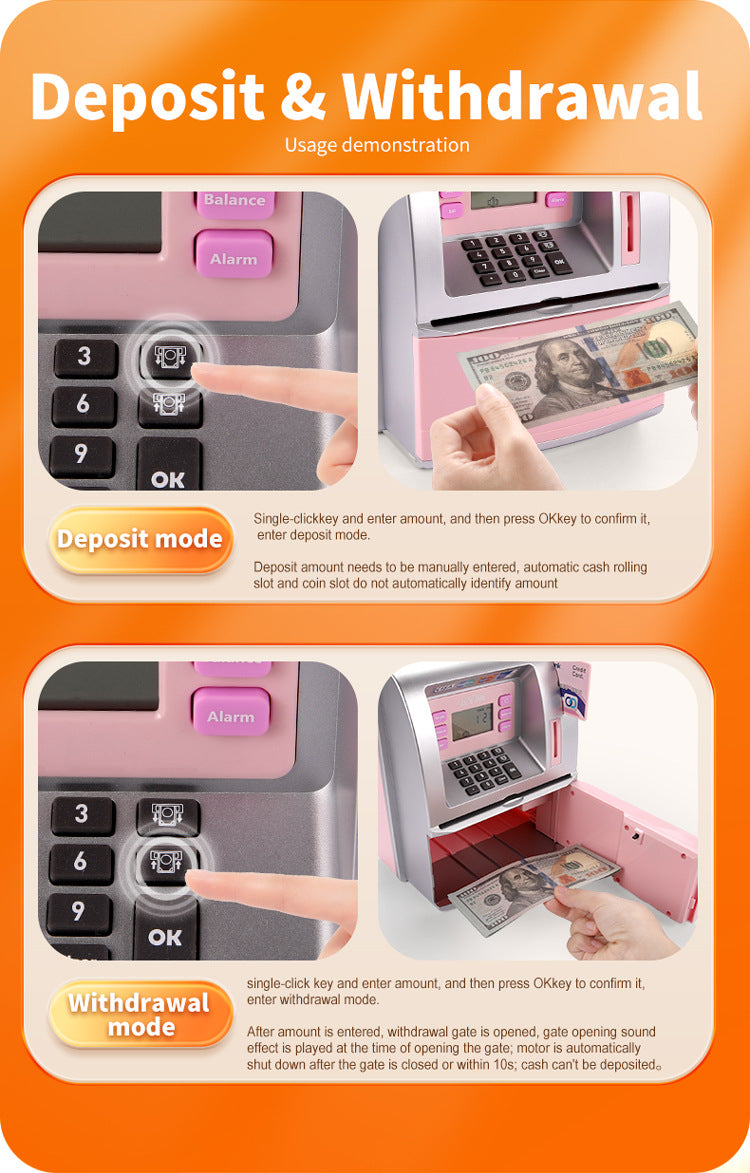 Kids Electronic ATM Savings Bank - Digital Piggy Bank with Password, Auto Roll-in Banknotes & Coin Slot for Financial Learning Fun(pink) 8