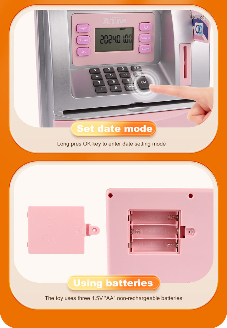 Kids Electronic ATM Savings Bank - Digital Piggy Bank with Password, Auto Roll-in Banknotes & Coin Slot for Financial Learning Fun(pink) 9