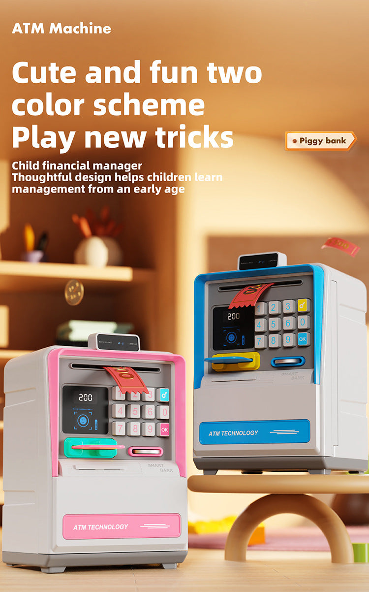 Kids Electronic ATM Piggy Bank with Simulated Facial Recognition & Password - Auto Roll-in Banknote & Coin Money Box for Financial Learning(blue) 5