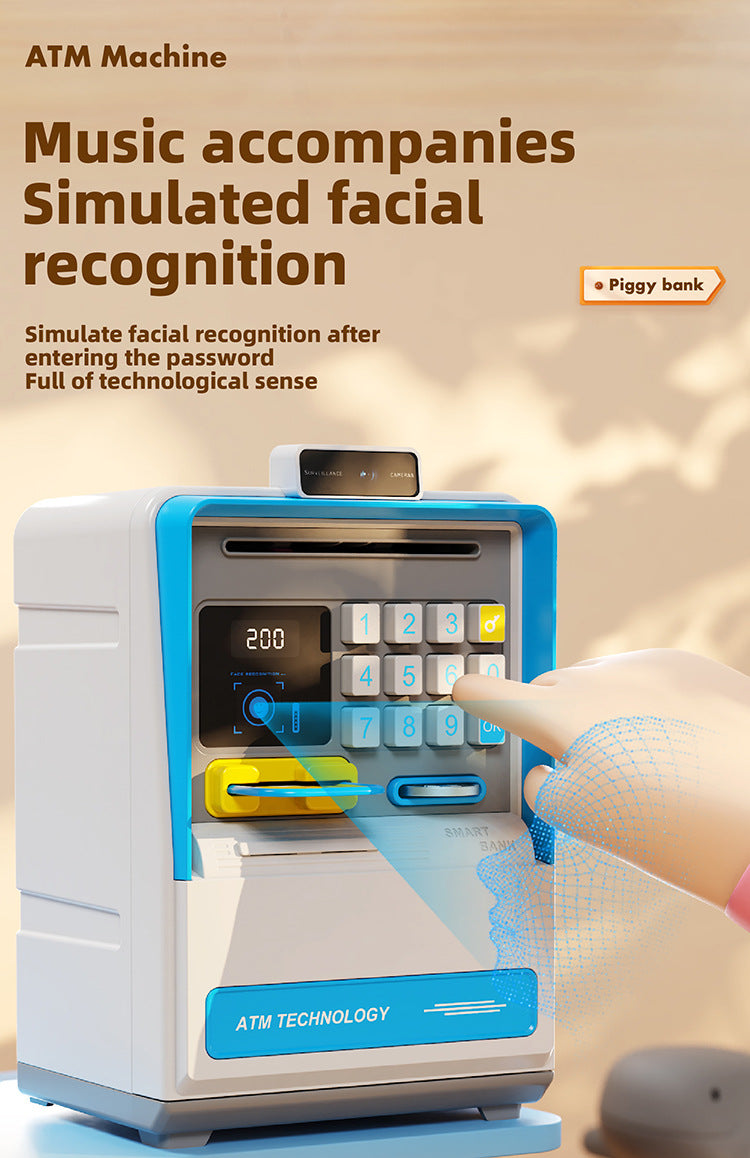 Kids Electronic ATM Piggy Bank with Simulated Facial Recognition & Password - Auto Roll-in Banknote & Coin Money Box for Financial Learning(blue) 6