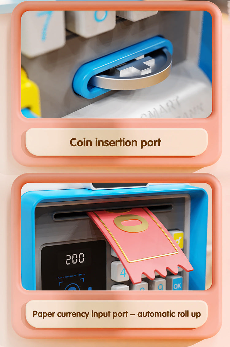 Kids Electronic ATM Piggy Bank with Simulated Facial Recognition & Password - Auto Roll-in Banknote & Coin Money Box for Financial Learning(blue) 7