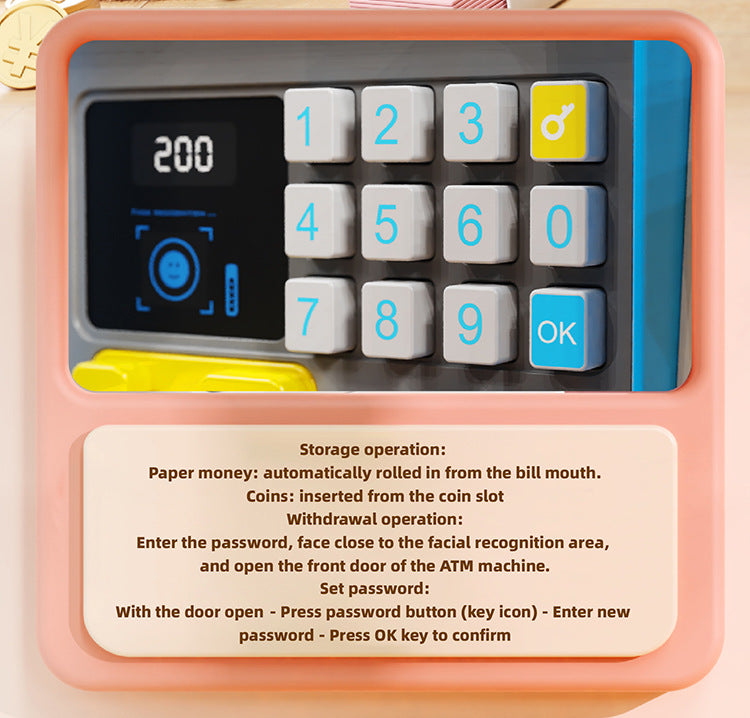 Kids Electronic ATM Piggy Bank with Simulated Facial Recognition & Password - Auto Roll-in Banknote & Coin Money Box for Financial Learning(blue) 8