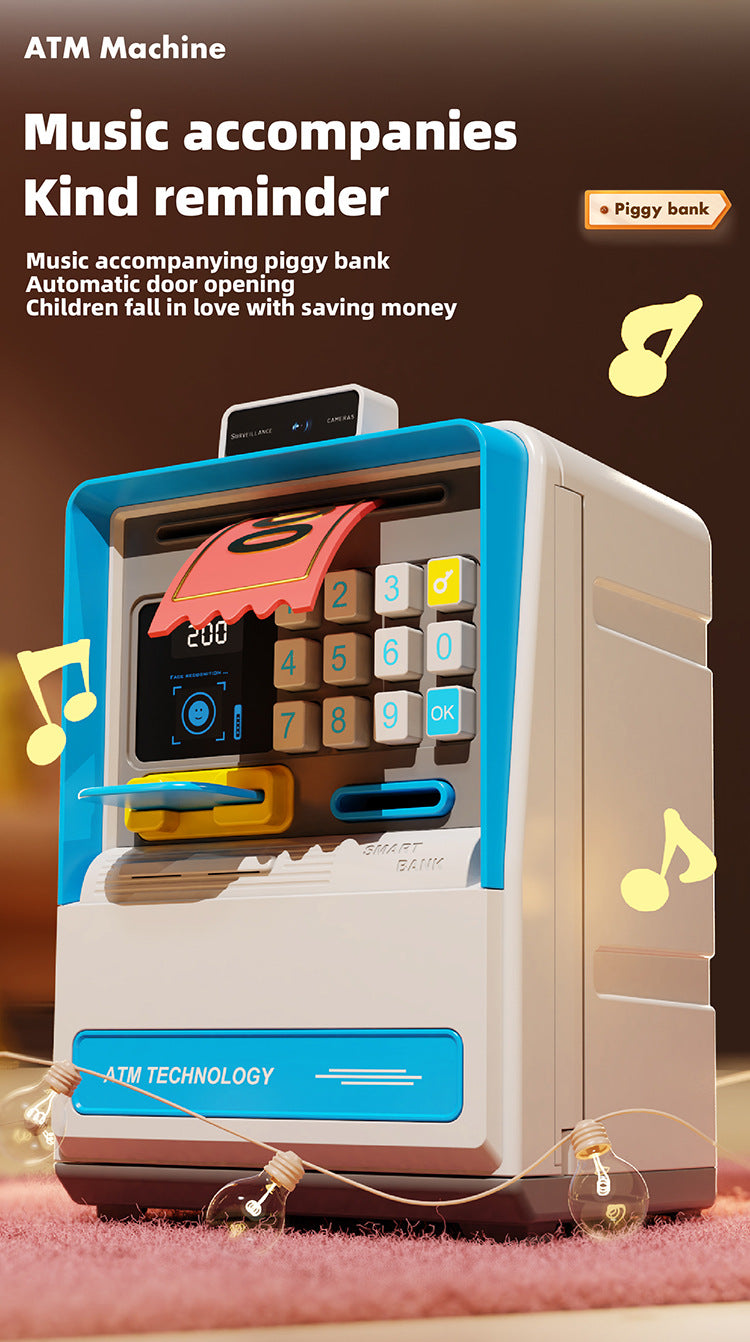 Kids Electronic ATM Piggy Bank with Simulated Facial Recognition & Password - Auto Roll-in Banknote & Coin Money Box for Financial Learning(blue) 9