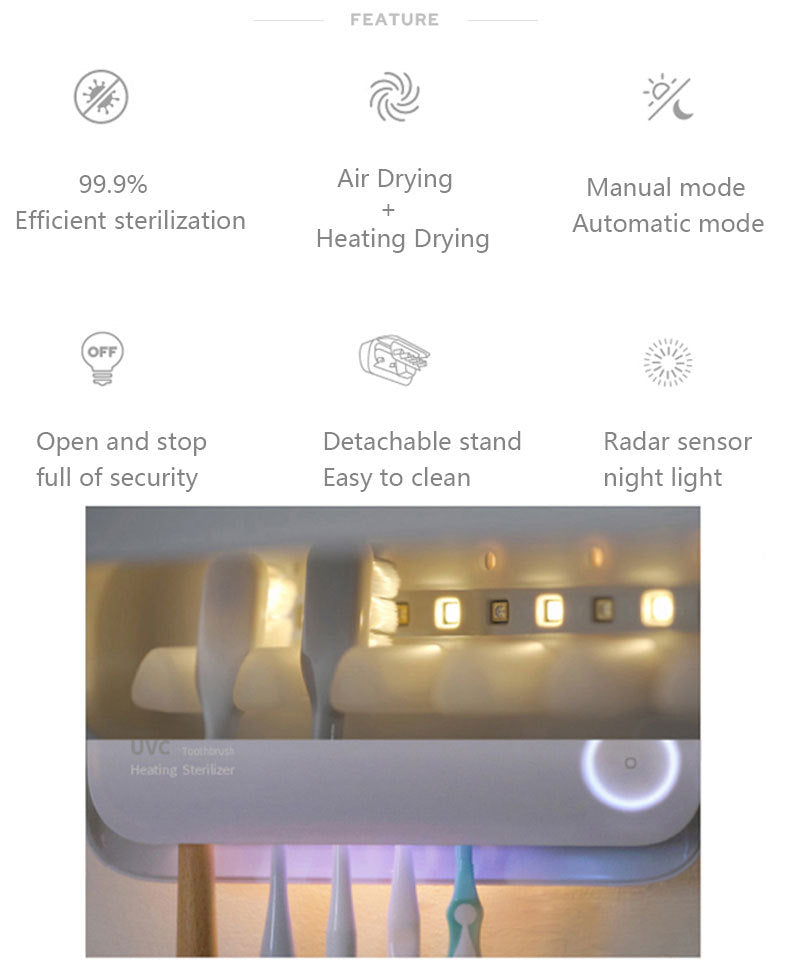 Smart UVC Toothbrush Sterilizer & Holder with Heat Drying, Radar Sensor Night Light(white) 5