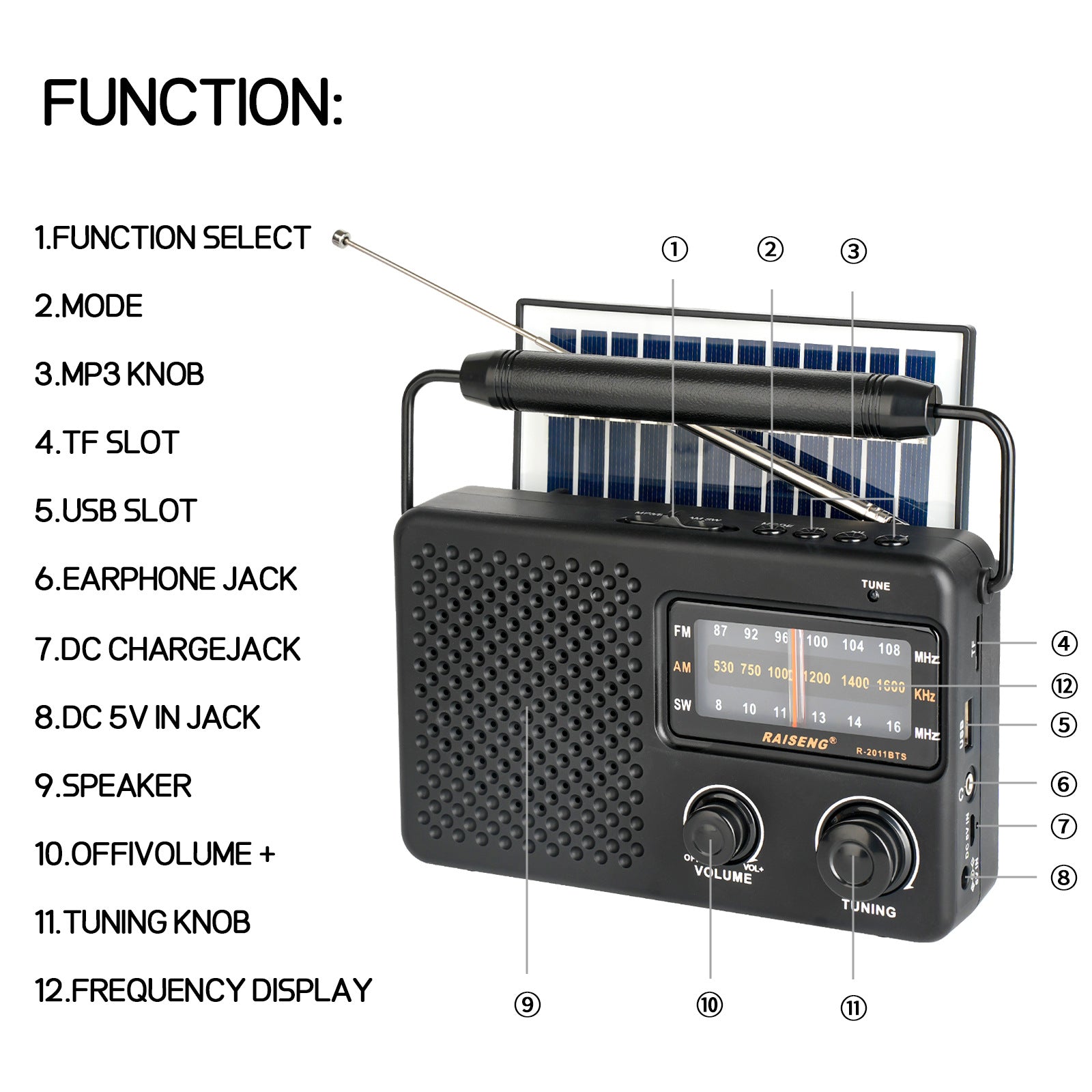 Portable Solar Powered 3-Band AM/FM/SW Radio with Bluetooth Speaker & Multiple Charging Options(black) 7