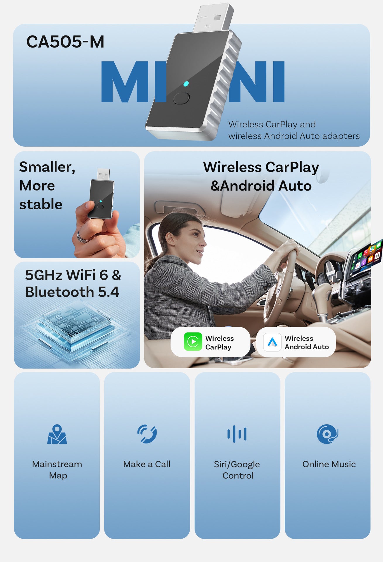 Mini 2-in-1 Wireless CarPlay & Android Auto Adapter - 5GHz WiFi 6, Bluetooth 5.4, Plug & Play Dongle(black) 5
