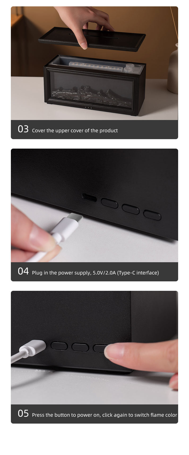 Fireplace Flame Effect Aroma Diffuser & Humidifier with 7-Colour Light, Timer & Remote Control(Light Wood Grain) 10