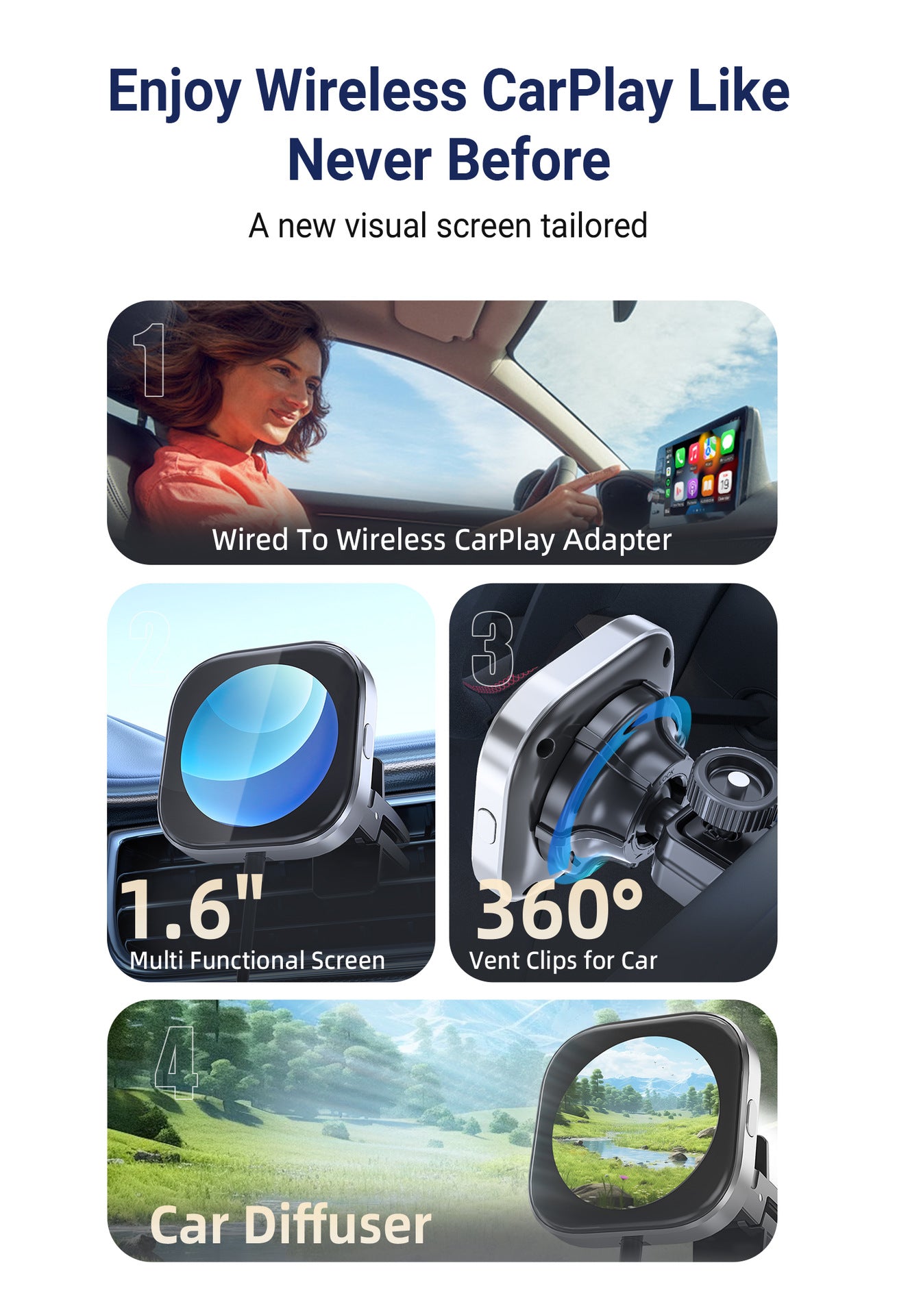 Wireless CarPlay Adapter with 1.6" Multi-Functional Screen, Car Diffuser & 360 Vent Clip(silver) 9