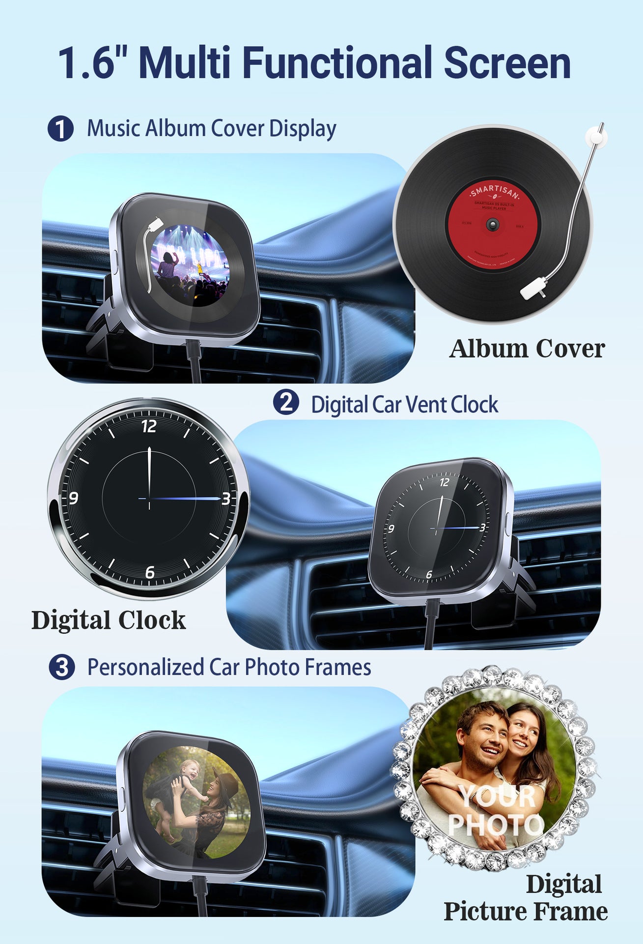 Wireless CarPlay Adapter with 1.6" Multi-Functional Screen, Car Diffuser & 360 Vent Clip(silver) 10
