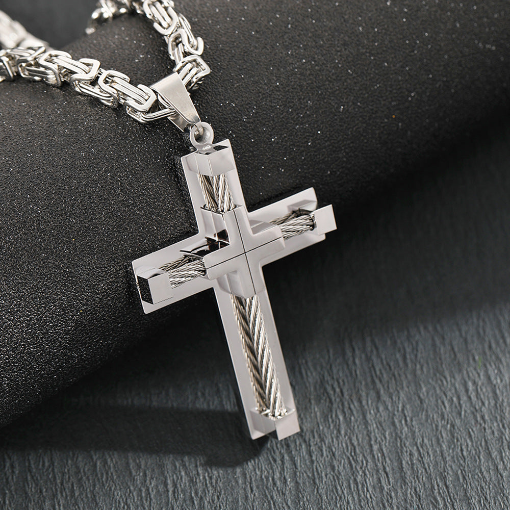 Men's Stainless Steel Layered Cross Pendant with Byzantine Chain - Fashion Statement Necklace(Gold) 4