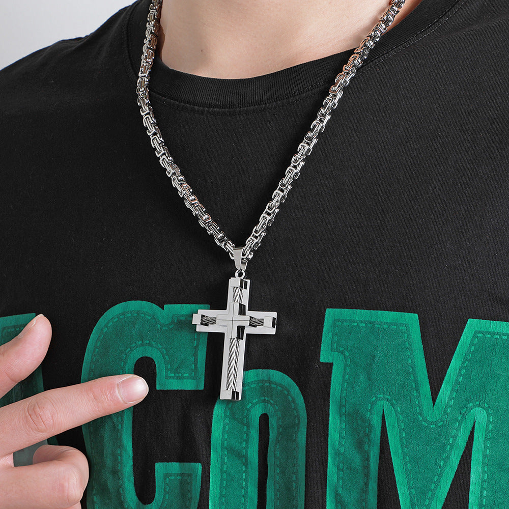Men's Stainless Steel Layered Cross Pendant with Byzantine Chain - Fashion Statement Necklace(silver) 5