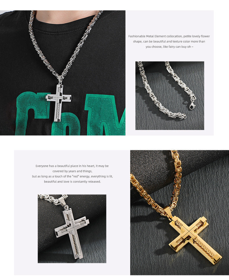 Men's Stainless Steel Layered Cross Pendant with Byzantine Chain - Fashion Statement Necklace(silver) 6