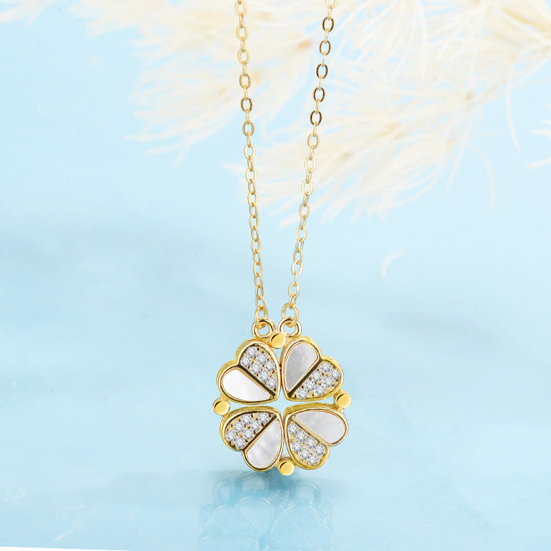 S925 Sterling Silver 2-in-1 Magnetic Convertible Clover to Hearts Pendant Necklace(gold) 3