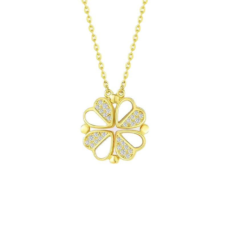 S925 Sterling Silver 2-in-1 Magnetic Convertible Clover to Hearts Pendant Necklace(Platinum) 4