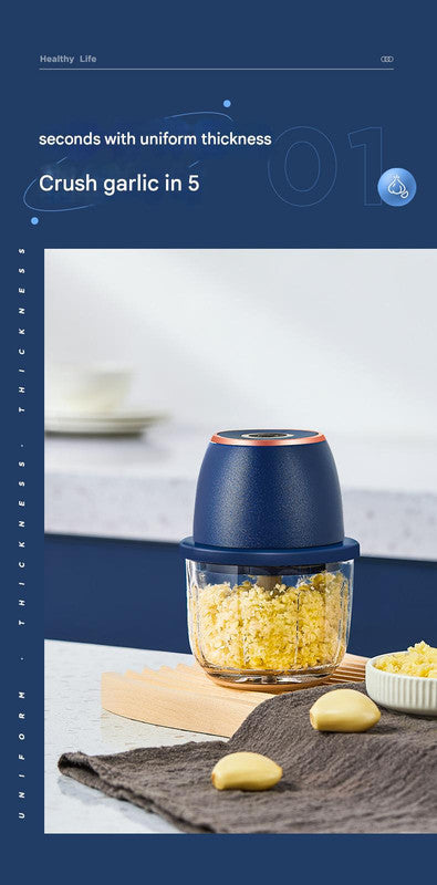 Electric Mini Garlic Chopper with Glass Bowl - USB Rechargeable, 6 Blades, Large Capacity(blue)