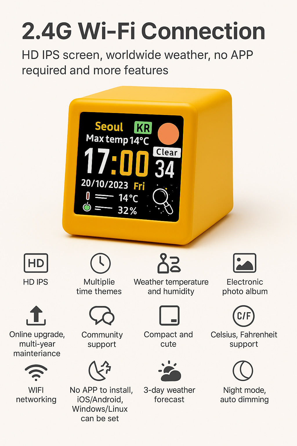 2pc Mini Smart Wi-Fi Weather Station Clock - Desktop Digital Clock with HD IPS Screen, Customizable GIF Display & 3-Day Forecast(Gold) 7
