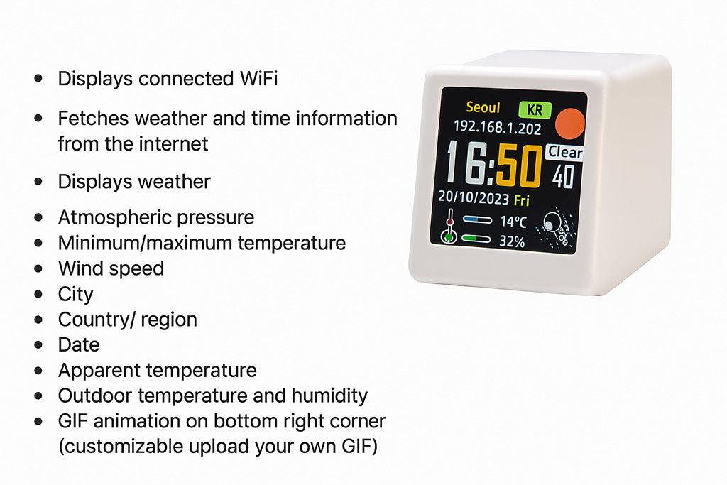 2pc Mini Smart Wi-Fi Weather Station Clock - Desktop Digital Clock with HD IPS Screen, Customizable GIF Display & 3-Day Forecast(Silver) 5