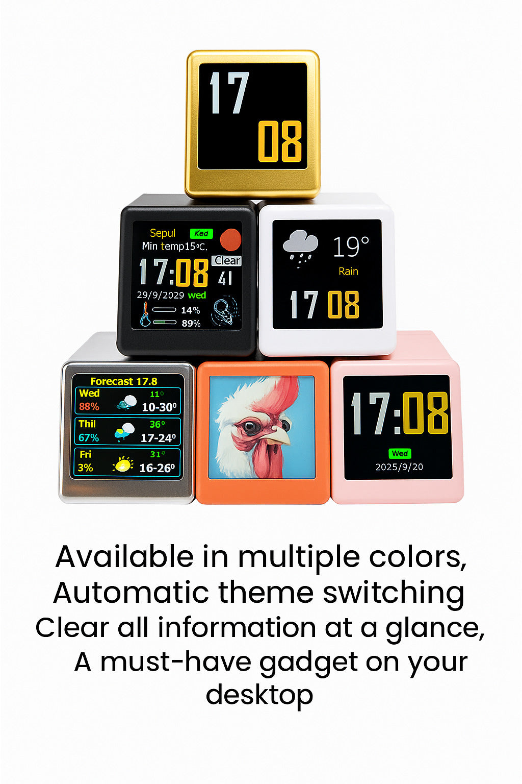 2pc Mini Smart Wi-Fi Weather Station Clock - Desktop Digital Clock with HD IPS Screen, Customizable GIF Display & 3-Day Forecast(Pink) 3