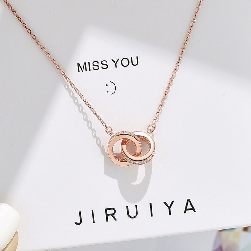 2pc Elegant Interlocking Rings Pendant Necklace with Zirconia Accents - Copper Base, Minimalist Jewelry(Rose gold) 3
