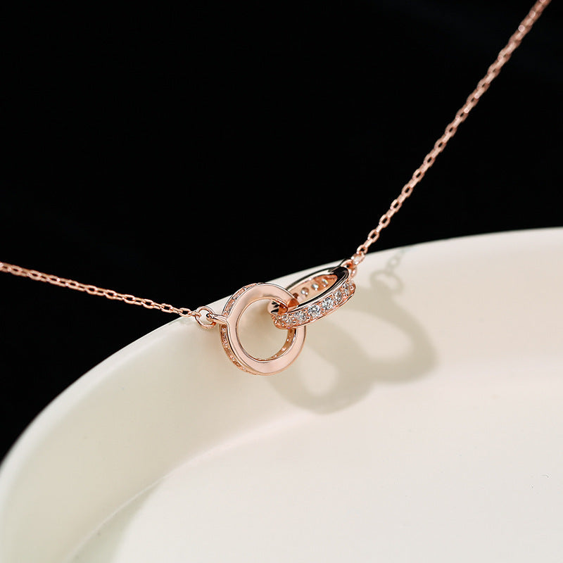 2pc Elegant Interlocking Rings Pendant Necklace with Zirconia Accents - Copper Base, Minimalist Jewelry(Rose gold) 5