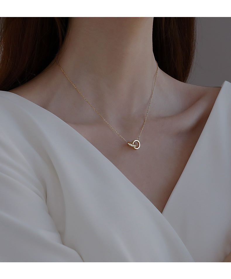 2pc Elegant Interlocking Rings Pendant Necklace with Zirconia Accents - Copper Base, Minimalist Jewelry(Rose gold) 9
