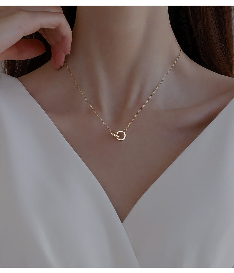 2pc Elegant Interlocking Rings Pendant Necklace with Zirconia Accents - Copper Base, Minimalist Jewelry(Rose gold) 10