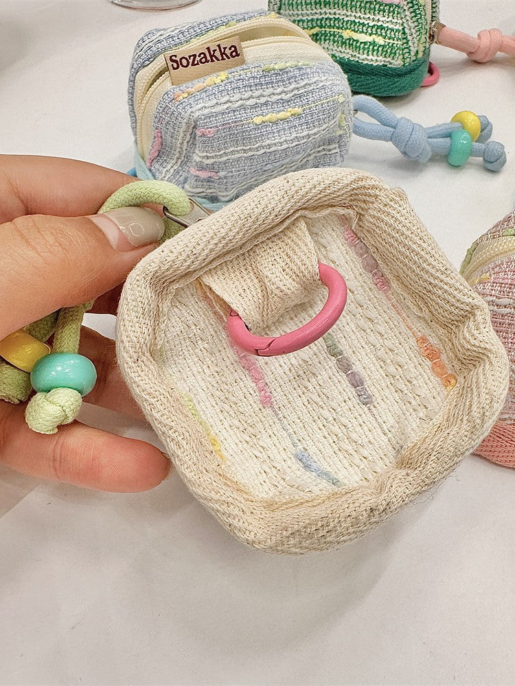 3pc Chic Woven Mini Backpack Pouch - Earphone Case & Coin Purse with Keychain Lanyard(white) 5