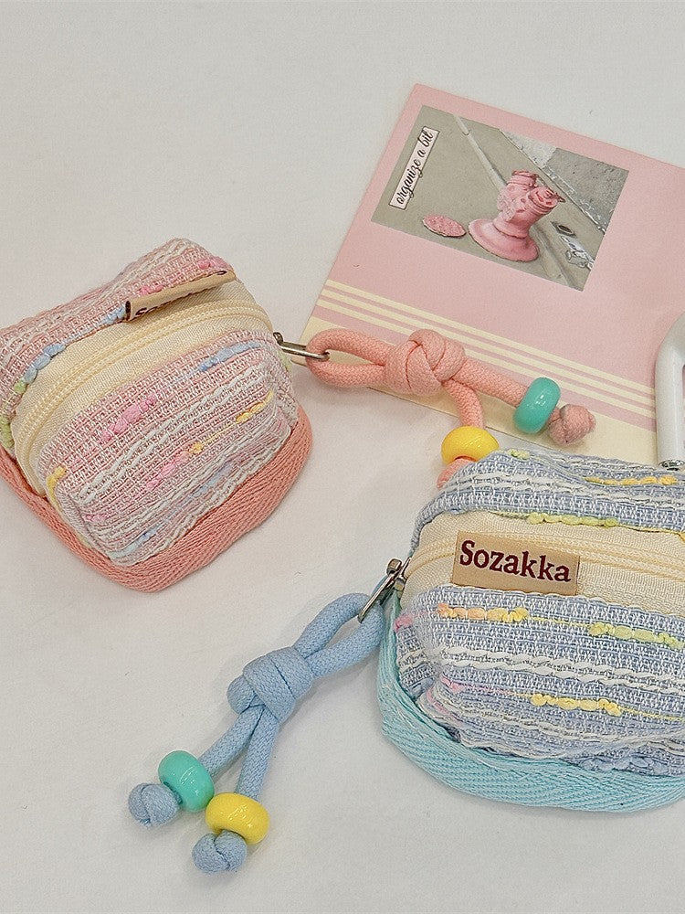 3pc Chic Woven Mini Backpack Pouch - Earphone Case & Coin Purse with Keychain Lanyard(pink) 6
