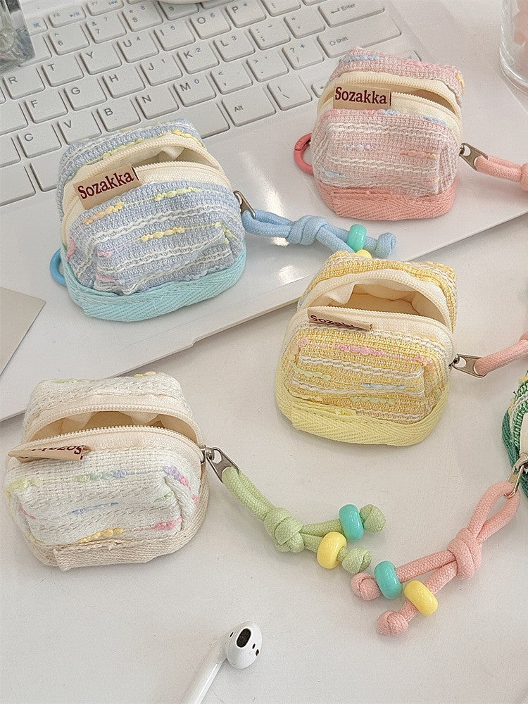 3pc Chic Woven Mini Backpack Pouch - Earphone Case & Coin Purse with Keychain Lanyard(pink) 7