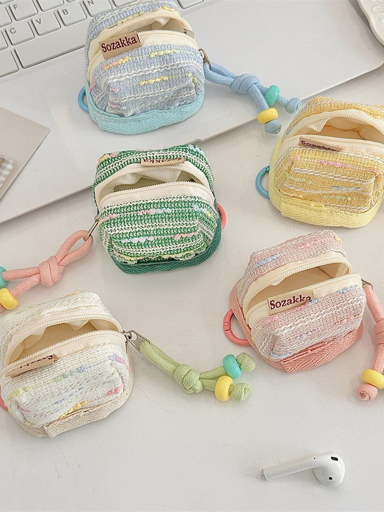 3pc Chic Woven Mini Backpack Pouch - Earphone Case & Coin Purse with Keychain Lanyard(yellow) 3