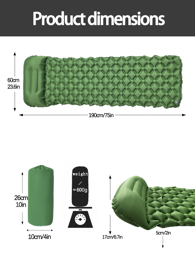 2pc Ultralight Inflatable Camping Sleeping Mat with Integrated Pillow - Waterproof 40D Nylon TPU(Army Green) 3