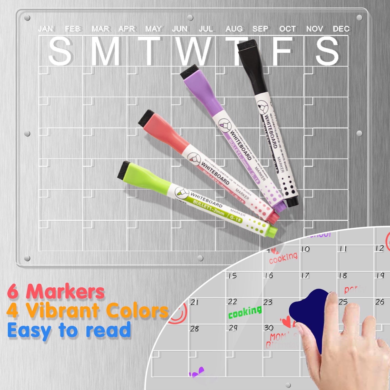 Magnetic Acrylic Fridge Calendar & Memo Board Set - Dry Erase Planner with Markers & Eraser(43*30cm 3mm) 3