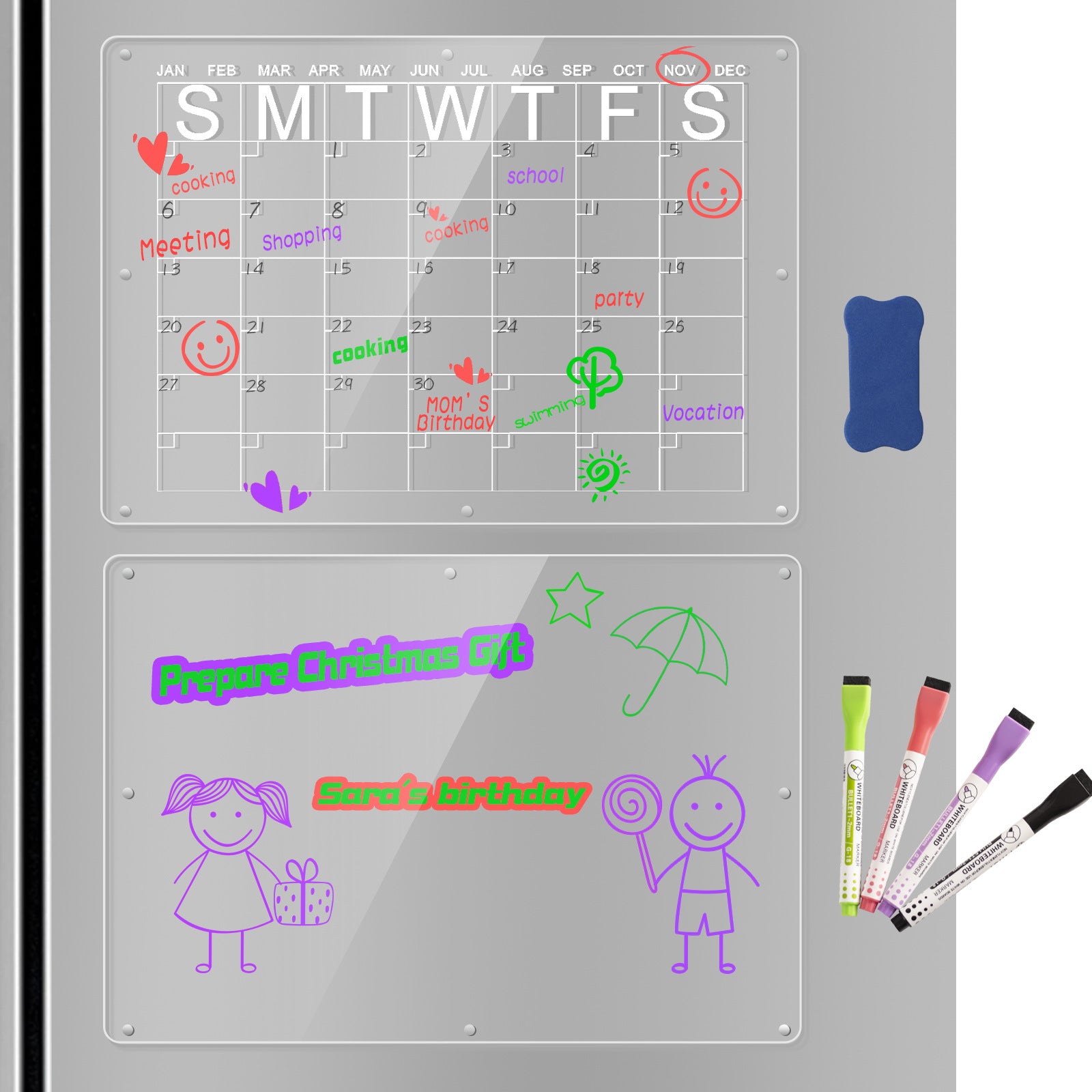 Magnetic Acrylic Fridge Calendar & Memo Board Set - Dry Erase Planner with Markers & Eraser(43*30cm 3mm) 5