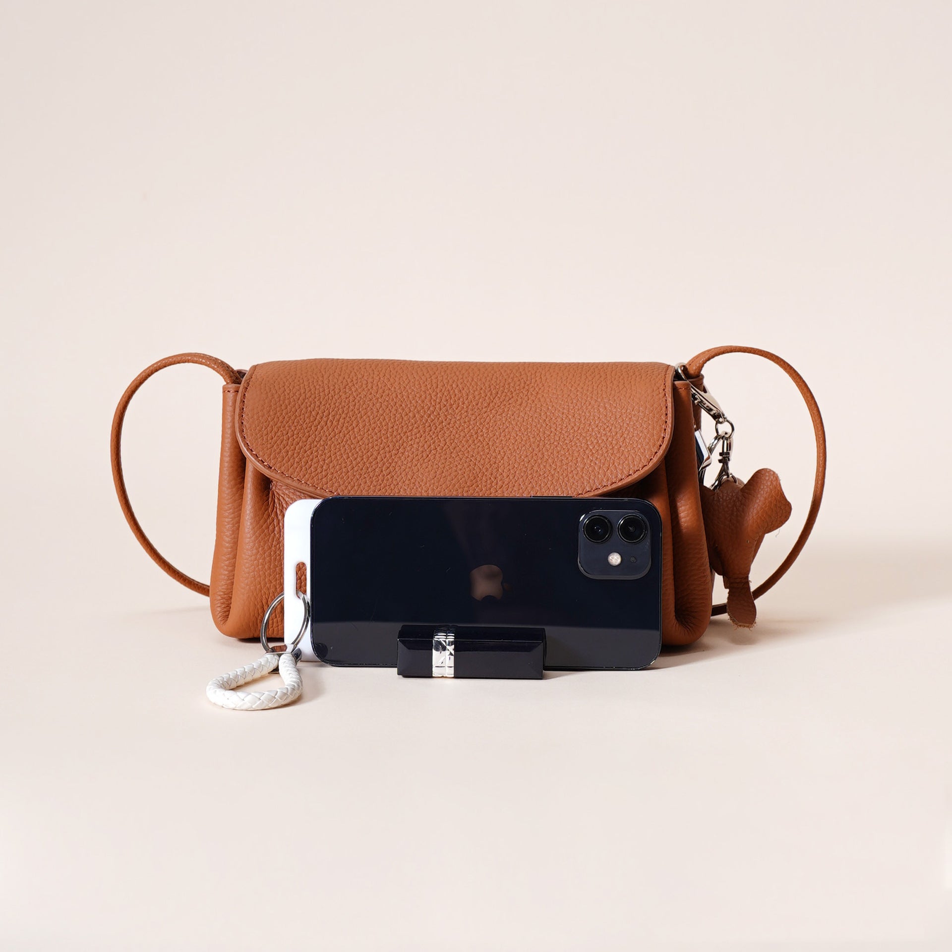 Genuine Leather Flap Crossbody Bag with Elephant Charm - Compact & Stylish Shoulder Purse(White) 3