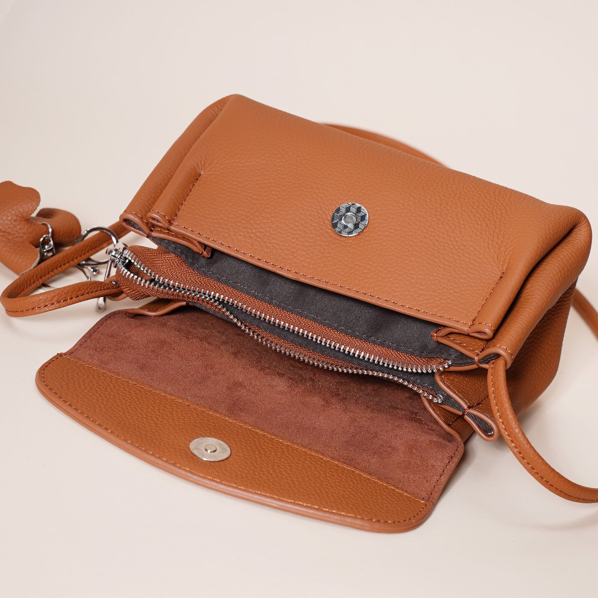 Genuine Leather Flap Crossbody Bag with Elephant Charm - Compact & Stylish Shoulder Purse(White) 8