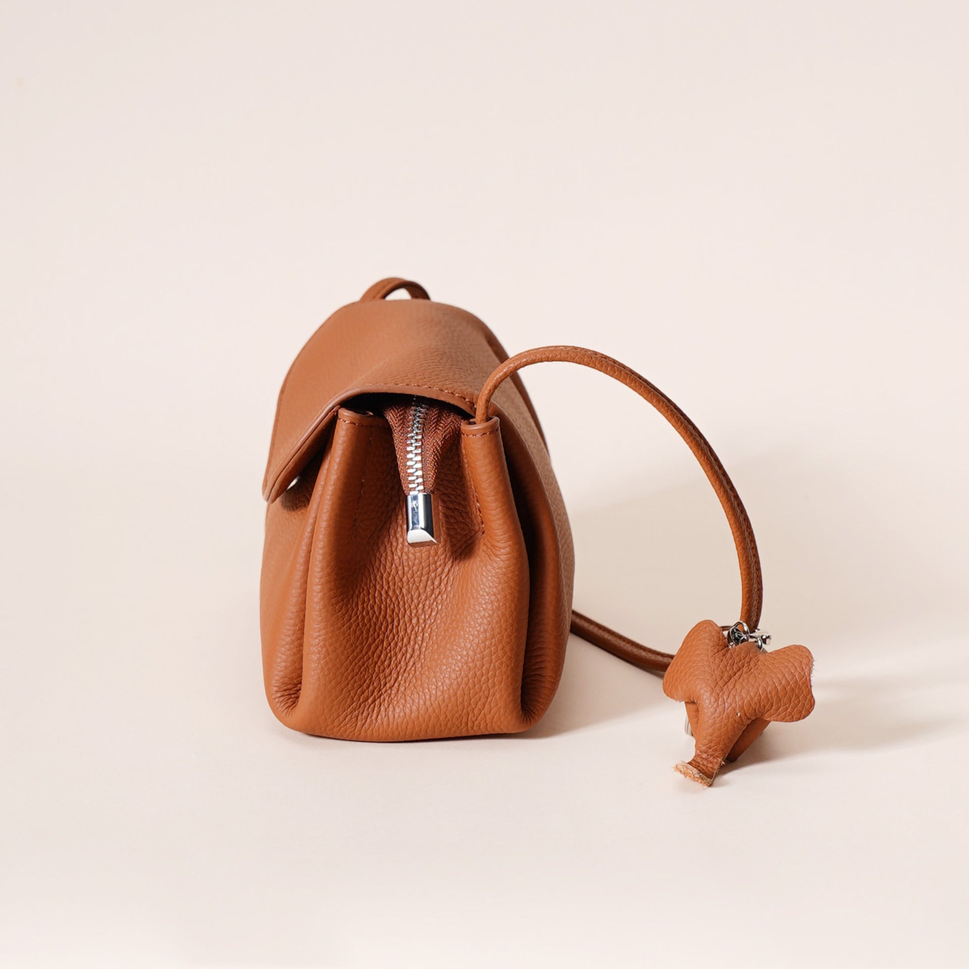 Genuine Leather Flap Crossbody Bag with Elephant Charm - Compact & Stylish Shoulder Purse(Golden brown) 5