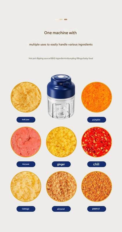 Powerful Mini Electric Food Chopper - USB Rechargeable Cordless Garlic & Meat Mincer(Blue 250ml + 4-blade knife) 7
