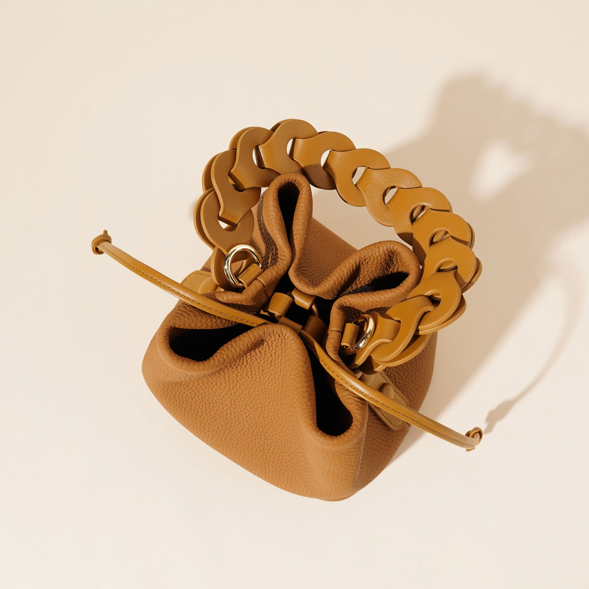 Genuine Leather Mini Bucket Bag with Braided Handle - Chic Drawstring Crossbody Purse(Biscuit) 3