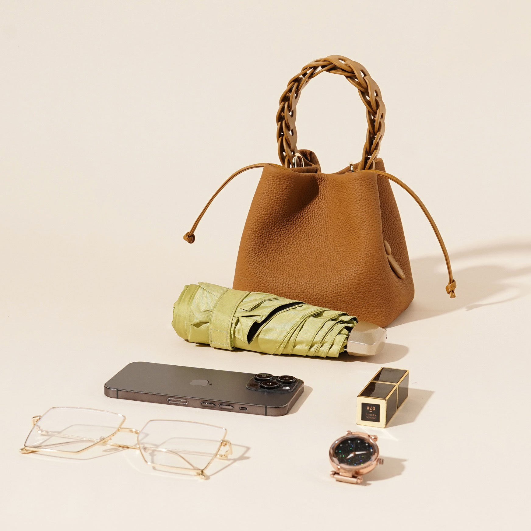 Genuine Leather Mini Bucket Bag with Braided Handle - Chic Drawstring Crossbody Purse(Biscuit) 7