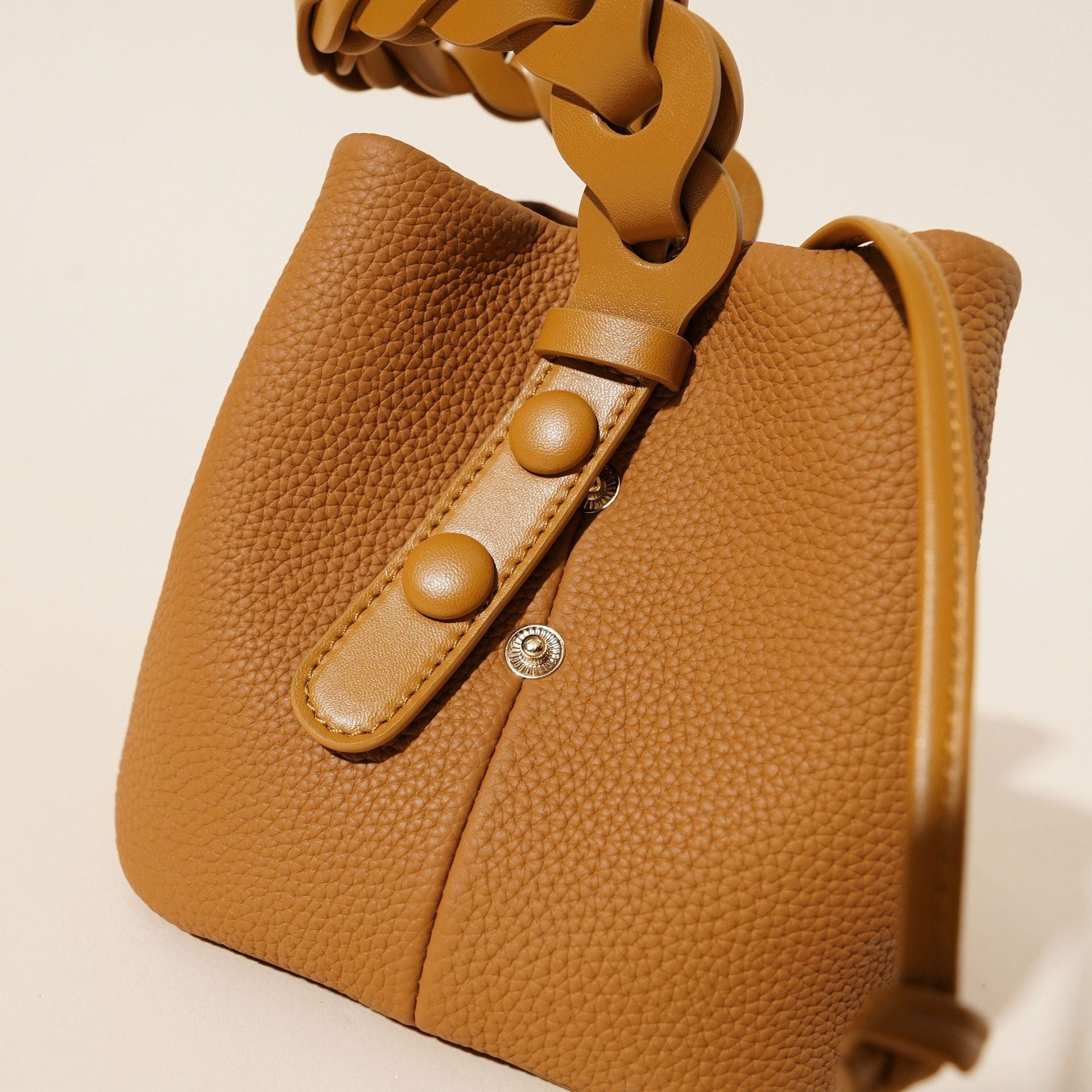 Genuine Leather Mini Bucket Bag with Braided Handle - Chic Drawstring Crossbody Purse(Black) 3