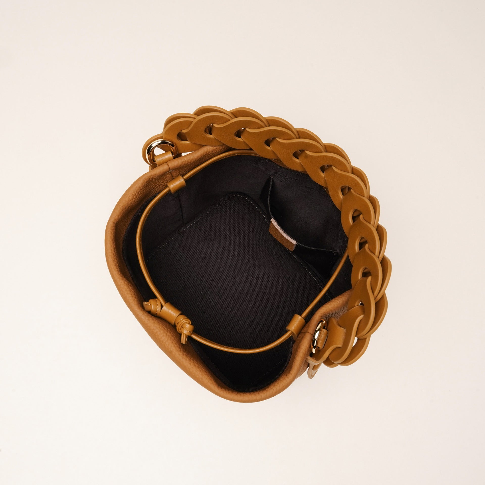 Genuine Leather Mini Bucket Bag with Braided Handle - Chic Drawstring Crossbody Purse(Black) 5
