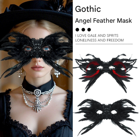 Red and Black Mysterious Gothic Feather Masquerade Mask - Black Angel Wing Venetian Party Costume