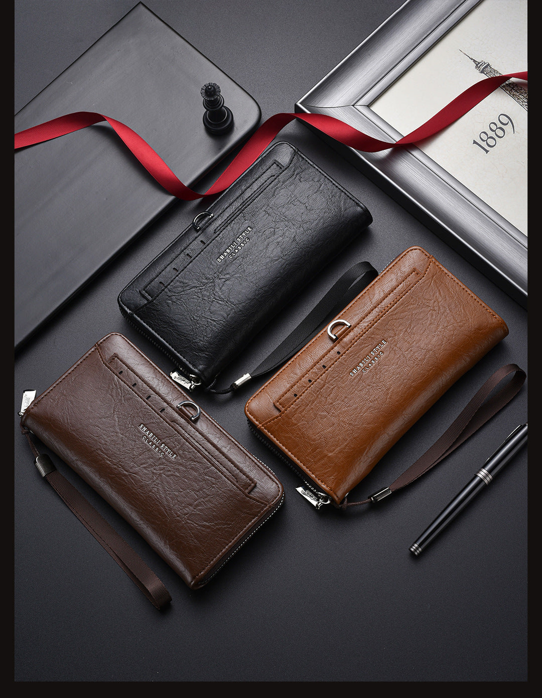 Black Classic Long Zipper Wallet Clutch - Large Capacity PU Leather Phone & Card Holder with Wrist Strap 3