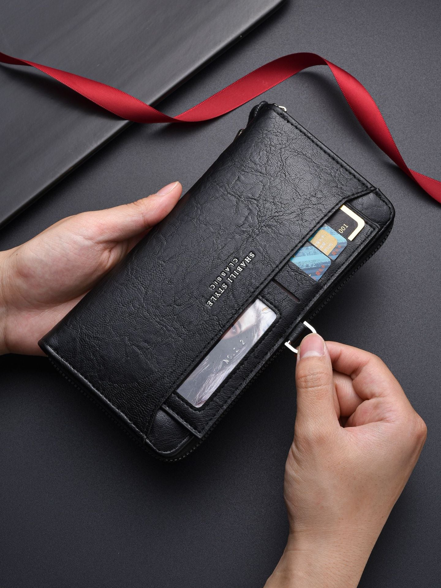 Black Classic Long Zipper Wallet Clutch - Large Capacity PU Leather Phone & Card Holder with Wrist Strap 5